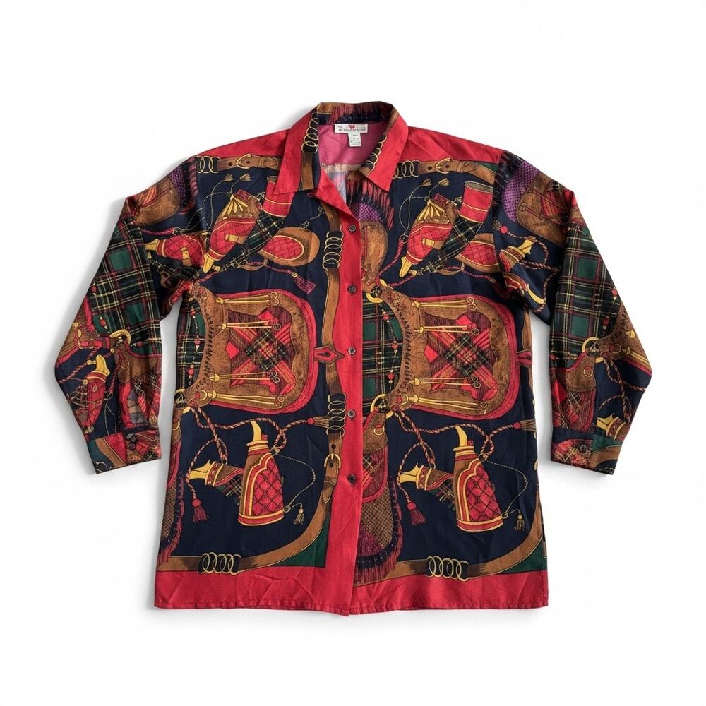 Vintage Stunt Collections 100% Silk Equestrian Blouse, Medium, Oversized 23 Ptp